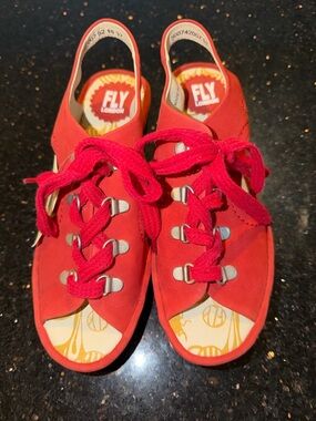 NWT Fly London YLfa Women’s Red Lace-Up Slingback Sandals 37 7